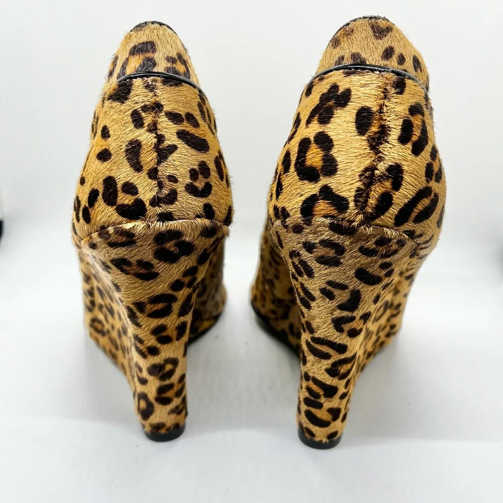 Nina Leopard Print Leather Peep Toe Wedge Heels Size 8 1/2 Women’s Shoes